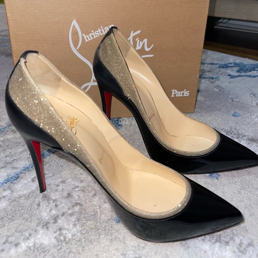 Christian Louboutin heels. Tucsick 100 patent/glitt
